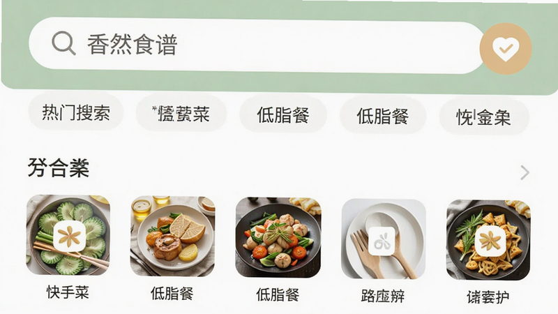 “香然食谱”APP的搜索界面示意图,顶部为搜索栏,下方显示热门搜索词和分类图标,如“快手菜”、“低脂餐”等,整体界面清爽,UI设计简洁,色彩搭配和谐,细节精致,4k画质,无水印