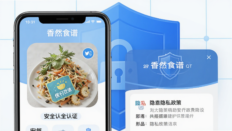 展示“香然食谱”APP的安全认证标识和隐私政策页面,背景为蓝色盾牌图标,象征安全与保护,文字清晰,界面简洁,风格专业可信,高清渲染,无多余元素