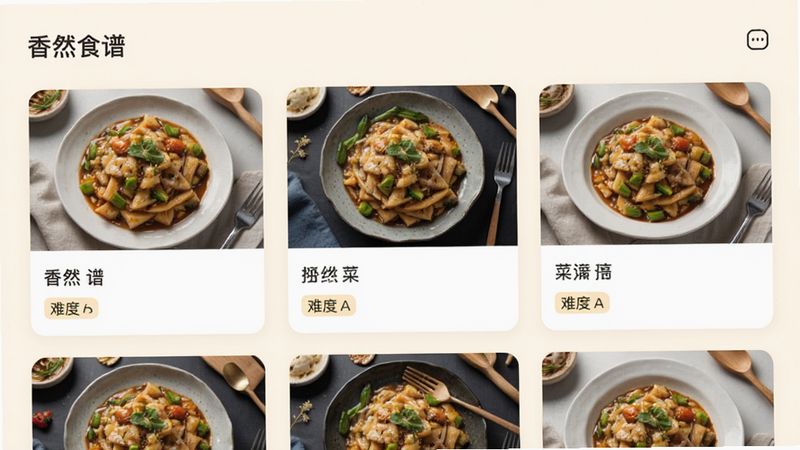 展示“香然食谱”APP内菜谱列表的界面截图,采用卡片式布局,每张卡片包含菜品图片、名称及难度标签,背景为柔和的米白色,排版整齐有序,字体清晰,风格简约现代,高分辨率,干净无杂项