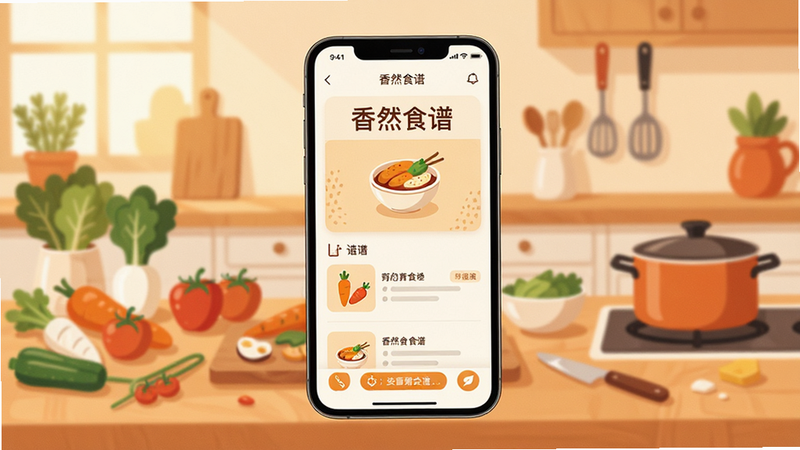 一张高清数字插画,主体为手机屏幕界面,显示“香然食谱”APP的主页,背景是温馨的厨房场景,桌上摆放着新鲜食材和烹饪工具,风格为扁平化设计,色彩温暖明亮,布局整洁,文字清晰可见,高质量,无多余元素