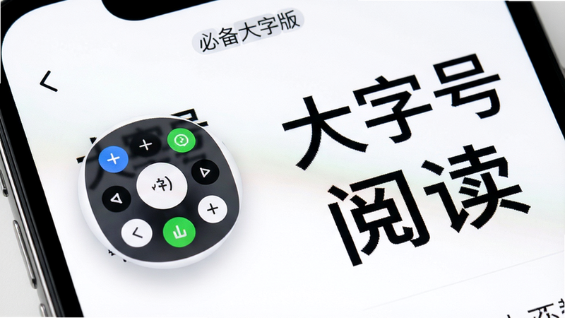 主体为手机屏幕特写,展示“必备大字版”应用界面,布局清晰,左侧为悬浮球控制盘,右侧为放大后的文字内容预览,排版整洁,风格现代简约,细节展现字体清晰度与高对比度效果,画质高清,干净无多余元素,文字显示“大字号阅读”