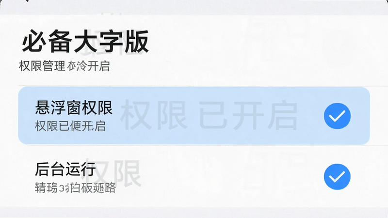 主体为手机设置界面截图,展示“必备大字版”的权限管理页面,布局为列表形式,高亮显示“悬浮窗权限”和“后台运行”选项,风格清晰直观,细节体现勾选状态,画质清晰,干净无多余元素,文字显示“权限已开启”