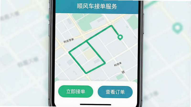 一张展示“顺风车接单服务”APP主界面的高清设计图,主体为手机屏幕,显示地图背景上的绿色路线轨迹,界面顶部有清晰的应用名称文字,底部有“立即接单”和“查看订单”两个大按钮,整体风格简约现代,蓝绿色调,扁平化设计,高保真UI设计,4k分辨率,无多余装饰,干净背景