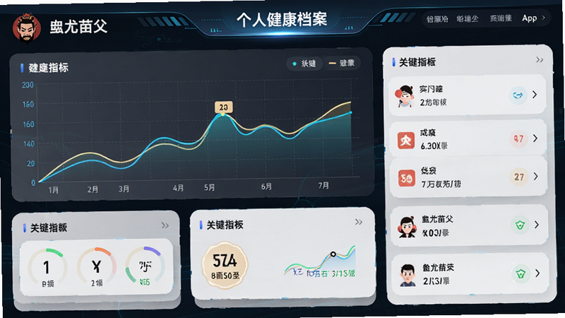“蚩尤苗父”APP的个人健康档案页面,主体为数据图表与记录列表,布局为仪表盘风格,排版可视化强,风格科技感与中医元素结合,细节显示折线图和关键指标,画质精致,无杂乱元素