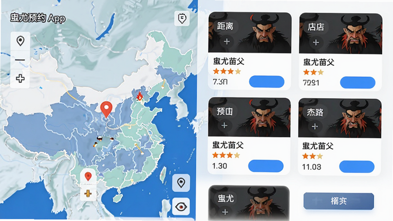“蚩尤苗父”APP的门店预约界面,主体为地图定位与门店列表,布局左侧为地图,右侧为门店卡片,排版紧凑有序,风格现代简约,细节显示距离、评分和预约按钮,画质高保真,干净利落
