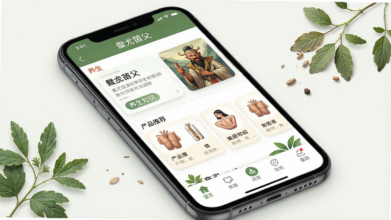 一张展示“蚩尤苗父”APP主界面的高保真UI设计图,主体为手机屏幕,布局清晰,顶部导航栏显示APP名称“蚩尤苗父”,中间区域展示养生知识卡片和产品推荐,底部为功能菜单栏,风格清新自然,带有中医草本植物元素点缀,细节精致,画质高清,干净无多余元素