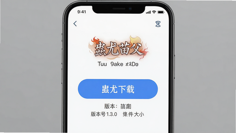 “蚩尤苗父”APP下载页面示意图,主体为下载按钮和版本信息,布局居中,排版醒目,风格现代,细节显示版本号1.3.0和文件大小,画质高保真,干净无干扰