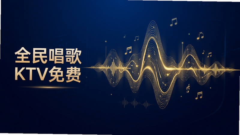 主体为声波可视化界面,背景为深蓝色渐变,中央呈现流动的金色声波图案,左侧显示“全民唱歌KTV免费”字样,布局对称,排版现代,细节丰富,画质4k,干净,无多余元素,科技感风格