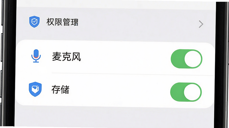 主体为手机设置界面,显示权限管理页面,高亮显示“麦克风”和“存储”权限开关,背景为浅灰色,布局清晰,排版规范,细节处有安全盾牌图标,画质高清,干净,无多余元素,UI设计风格