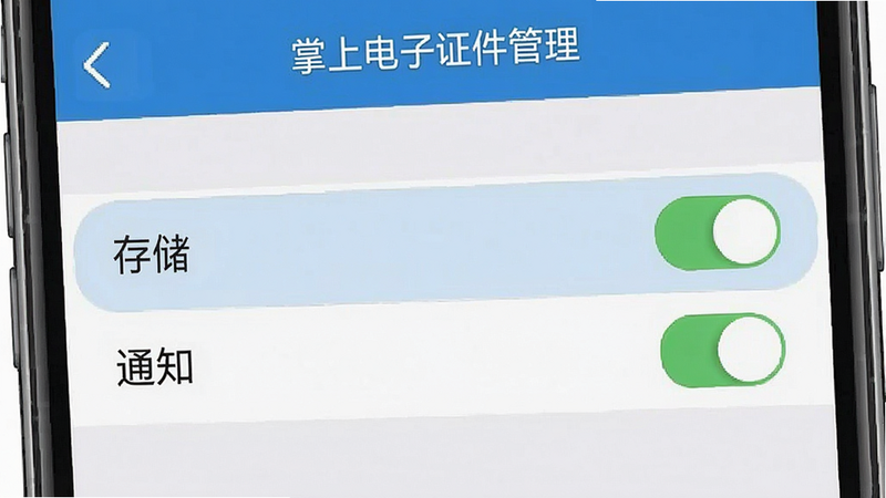 生成一张手机设置界面示意图,显示“掌上电子证件管理”应用的权限管理页面,高亮显示“存储”和“通知”权限开关,布局简洁,风格写实,细节清晰,画质良好,无多余装饰