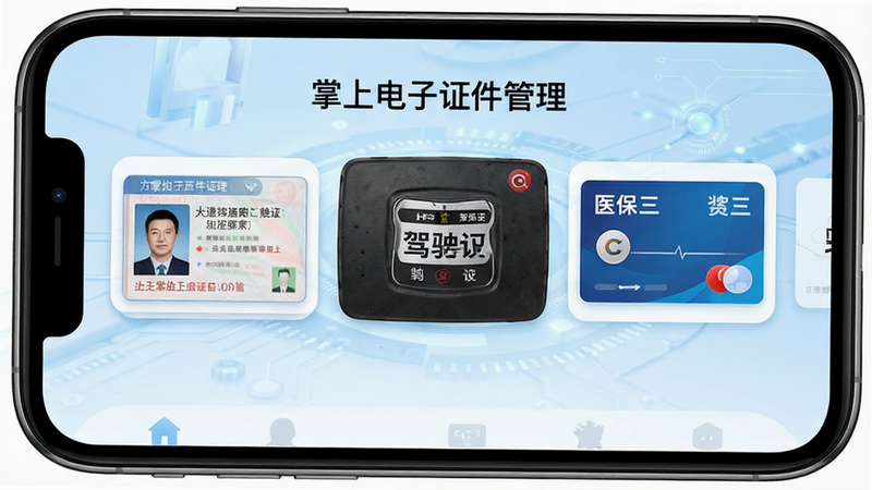 生成一张高清手机应用界面截图,主体为“掌上电子证件管理”APP首页,布局清晰,顶部显示应用名称,中间展示身份证、驾驶证、医保卡等电子证件卡片,背景为浅蓝色科技风,排版整齐,风格简约现代,细节丰富,画质清晰,无多余元素