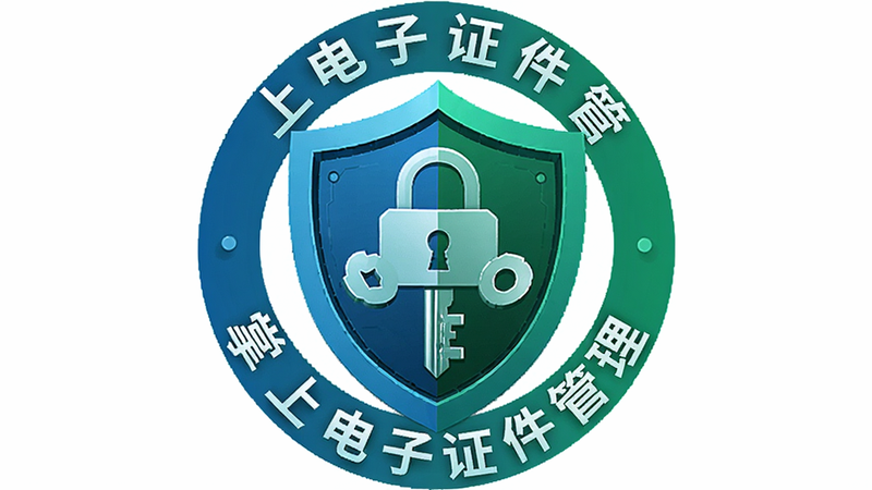 生成一张象征安全保护的图标插图,主体为盾牌形状,中间有钥匙和锁的元素,周围环绕着“掌上电子证件管理”字样,布局中心对称,风格科技感强,色彩以蓝绿为主,细节锐利,画质极高,无背景干扰