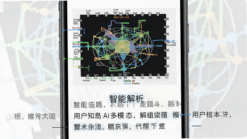 展示知岛AI多模态功能,主体为手机屏幕,显示用户上传一张复杂图表,下方AI生成解析文字,布局上下结构,风格扁平化,细节包含图表高亮与文字标注,画质清晰,干净,无多余元素,文字“智能解析”