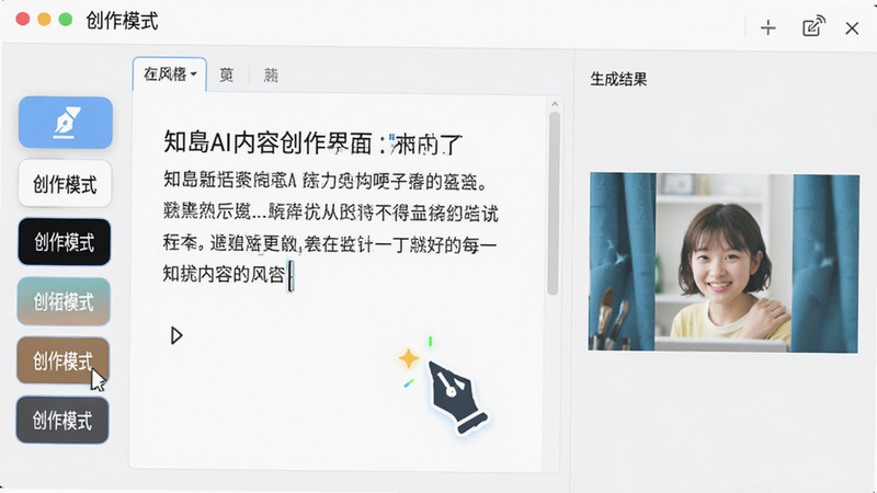 知岛AI内容创作界面,主体为文本编辑区,左侧显示不同风格选项标签,右侧为生成结果预览,布局左右分栏,风格清新,细节包含笔尖图标与闪烁光标,画质细腻,干净,无多余元素,文字“创作模式”
