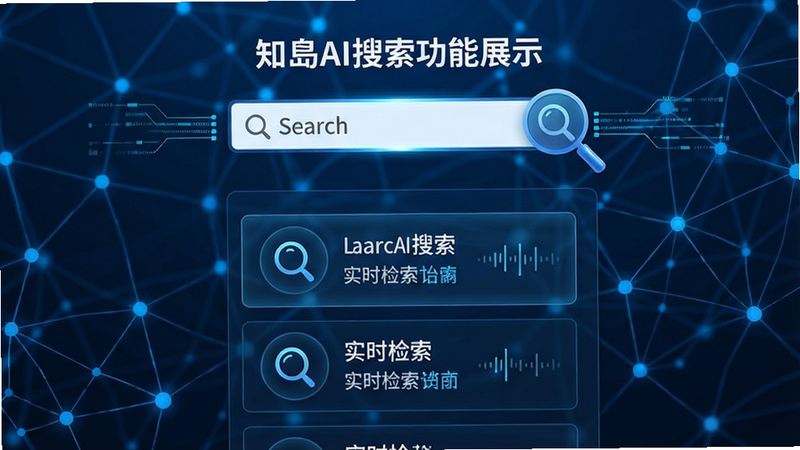 知岛AI搜索功能展示,主体为搜索框与结果列表,背景为蓝色网络节点连接图,布局纵向排列,风格科技感,细节包含放大镜图标与数据流线条,画质锐利,干净,无多余元素,文字“实时检索”