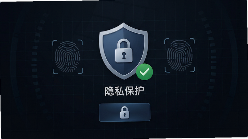 知岛AI安全设置界面,主体为盾牌图标与锁形按钮,背景为深色安全网格,布局中心对称,风格严肃稳重,细节包含指纹识别图案与绿色对勾,画质高保真,干净,无多余元素,文字“隐私保护”