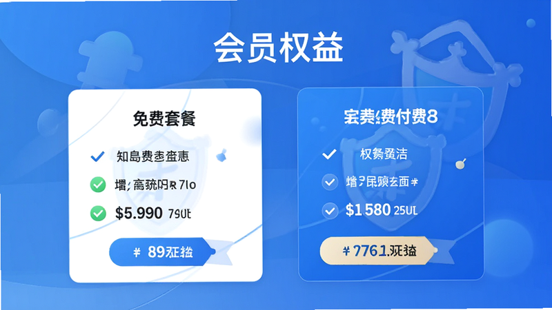 知岛AI会员权益对比图,主体为两个套餐卡片,左侧免费右侧付费,背景为渐变蓝,布局左右对比,风格商务,细节包含勾选图标与价格标签,画质高清,干净,无多余元素,文字“会员权益”