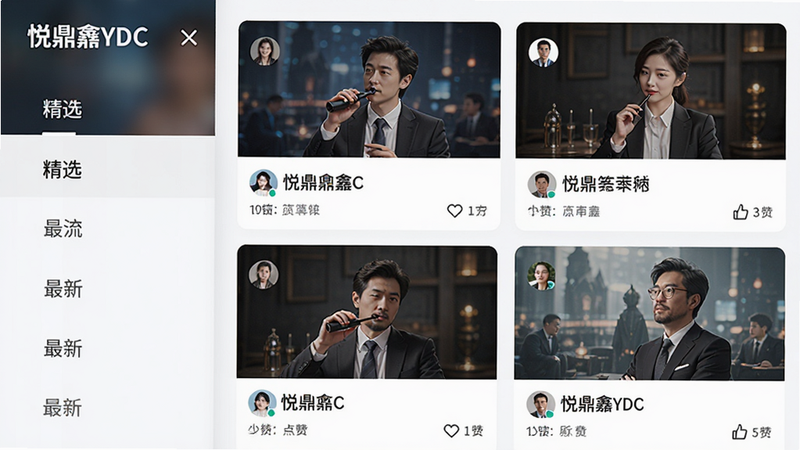 展示悦鼎鑫YDC的信息流界面,左侧为分类标签栏,右侧为多张图文卡片,卡片中包含用户头像、标题及点赞数。布局紧凑有序,风格简洁现代,细节展示清晰的文字排版与图标设计,画质高清,文字包含