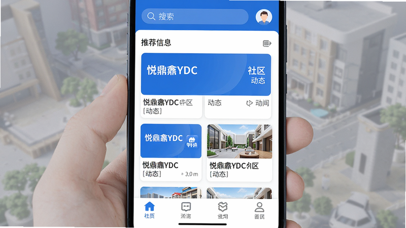 主体为悦鼎鑫YDC安卓版应用首页界面,布局清晰,顶部导航栏显示搜索框与用户头像,中部为推荐信息流卡片,底部为功能菜单图标。风格为现代扁平化设计,色彩以品牌蓝白为主,细节处展现高清UI质感,画质纯净,无多余元素,文字内容包含