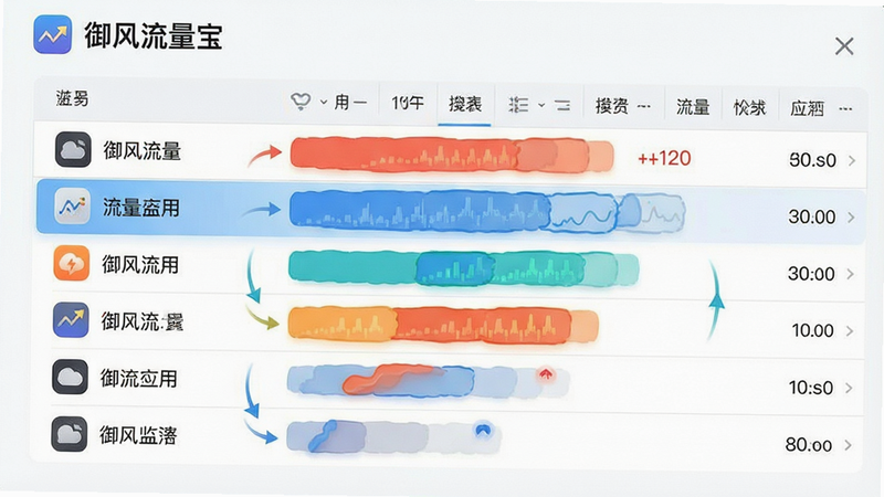 一张流量监控数据对比图,展示“御风流量宝”应用排行列表,高亮显示高耗流量应用,风格为数据可视化设计,布局紧凑,排版清晰,细节处有箭头指引,画质高清,干净背景