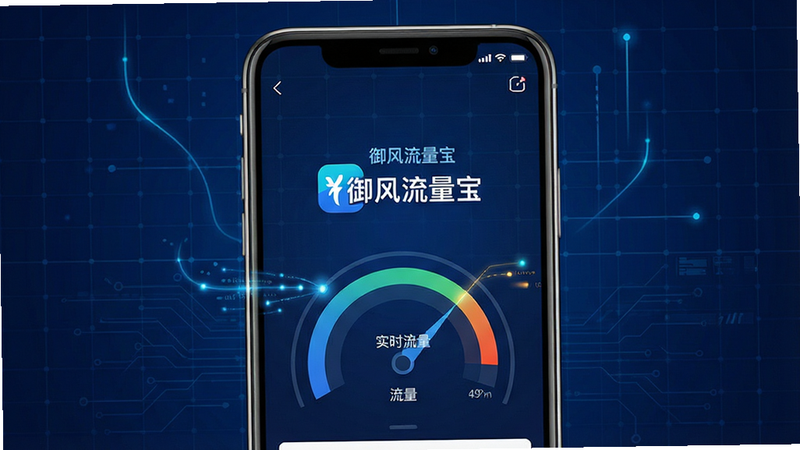 一张高清扁平化风格的应用界面展示图,主体为手机屏幕,屏幕中央显示“御风流量宝”Logo及实时流量仪表盘,背景为深蓝色科技感网格,布局居中对称,排版简洁现代,细节处有数据流光效,画质清晰锐利,干净无多余元素