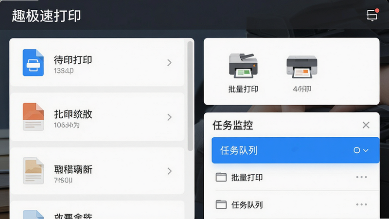 展示“趣极速打印”APP的功能界面截图,左侧列出多个待打印的文件列表,右侧显示打印机状态监控面板,界面扁平化设计,图标清晰,文字标注“批量打印”、“任务队列”,蓝色高亮选中状态,整体风格专业简洁,高分辨率,干净背景