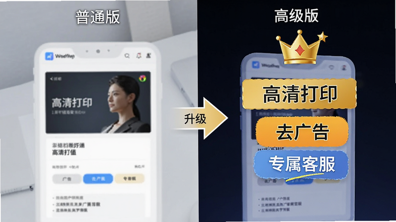 对比图,左侧显示普通版界面,右侧显示高级版界面,高级版带有金色皇冠标识,突出“高清打印”、“去广告”、“专属客服”等特权字样,中间用箭头连接,体现升级价值,风格现代简约,色彩鲜明