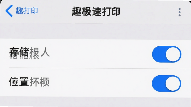 手机设置界面截图,显示“趣极速打印”的权限管理页面,存储权限和位置权限开关均显示为开启状态(蓝色),界面简洁,字体清晰,背景为浅灰色,突出显示权限设置重要性,高清细节