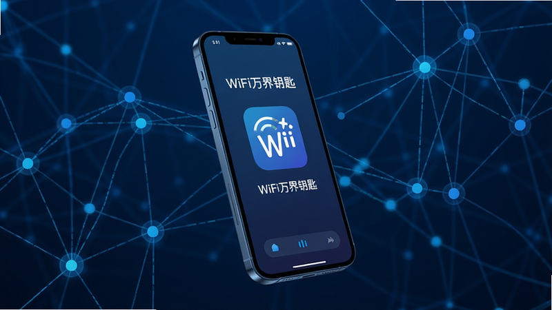 一张高清数字插画,主体为悬浮在空中的智能手机,屏幕显示“WiFi万界钥匙”应用界面,背景是抽象的蓝色网络节点连接线,布局简洁现代,排版居中,风格科技感强,细节丰富,画质8k,干净,无多余元素