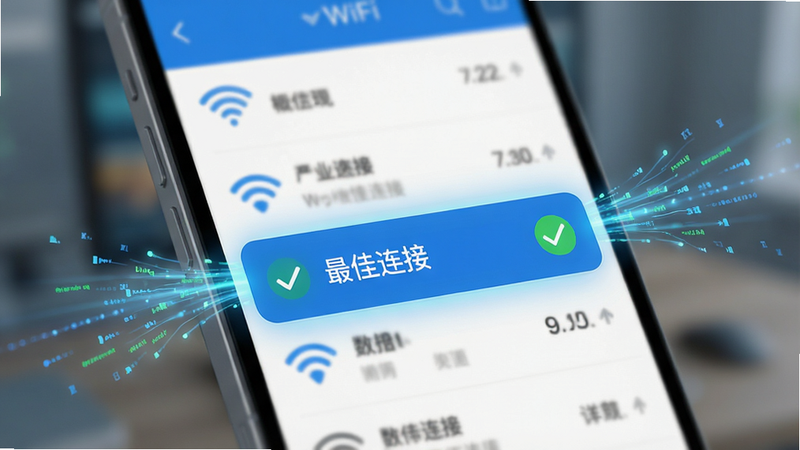 概念图,展示手机屏幕上的WiFi列表界面,高亮显示一个带绿色勾选标记的“最佳连接”选项,周围有动态的数据流光效,背景模糊处理以突出前景,布局清晰,风格扁平化,细节精致,画质高清,干净,无多余元素