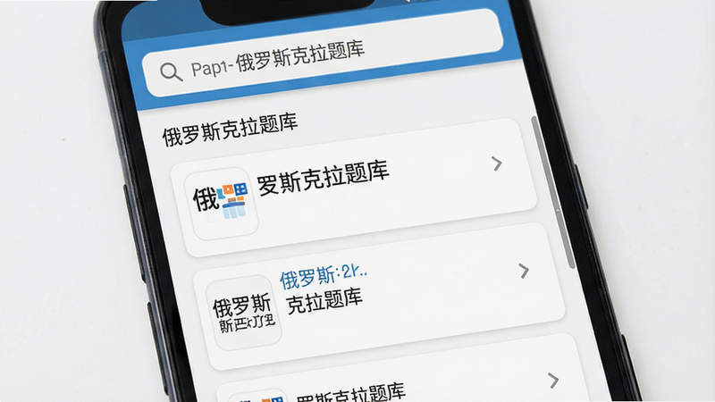 主体为安卓手机屏幕,显示“俄罗斯克拉题库”APP界面,布局包含顶部搜索栏、中部列表式词条卡片,排版整齐,风格扁平化现代UI,细节清晰,画质高清,干净无多余元素,文字内容包含