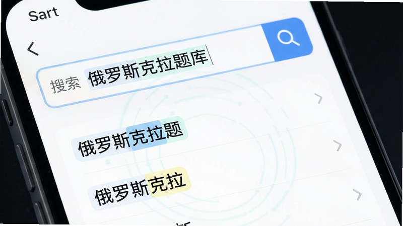 主体为APP搜索界面,显示“俄罗斯克拉题库”搜索框,下方列出相关词条列表,布局清晰,排版简约,风格科技感,细节包括高亮关键词,画质清晰,干净,文字包含
