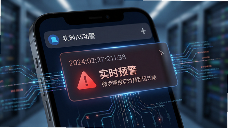 描绘微步情报实时预警功能的示意图,主体为手机通知栏弹出警报卡片,布局突出时间戳和红色警告图标,风格为科技感强烈,细节包含数据流线条,画质清晰,背景虚化,文字标注