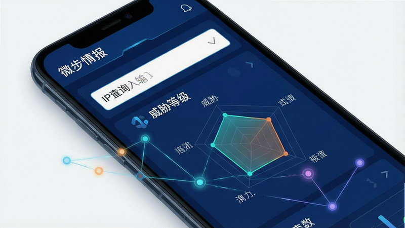 一张展示微步情报Android应用界面的概念图,主体为手机屏幕显示着深蓝色科技风格的数据仪表盘,布局清晰,包含IP查询输入框和威胁等级雷达图,排版简洁现代,风格为扁平化设计,细节处有发光的网络节点连接,画质高清,干净无多余元素,文字标注