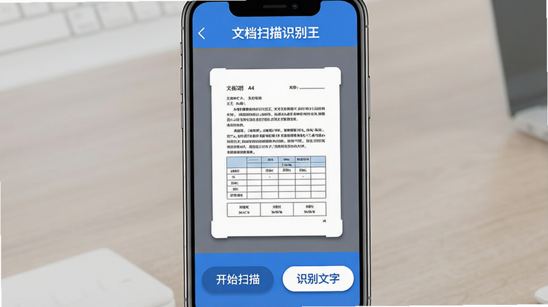����Ϊ�ֻ���Ļչʾ�ĵ�ɨ��ʶ����APP���棬���ּ���ִ���������ʾ���ĵ�ɨ��ʶ���������⣬�м�����չʾһ�����ڱ�ɨ���A4ֽ�ĵ����ĵ����������ĺ�ɫ���ֺͱ��񣬵ײ��С���ʼɨ�衱�͡�ʶ�����֡�������ť������ƽ������ɫ��ɫ����ϸ�ڴ���΢������Ӱ��������У�����4k���壬�ɾ��޶���Ԫ�أ���ˮӡ