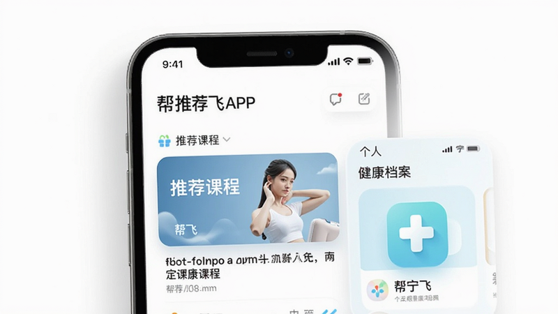主体为帮宁飞APP的手机屏幕界面,布局居中,显示首页推荐课程与个人健康档案入口,排版简洁现代,风格清新治愈,细节包含图标阴影与柔和光影,画质高清,干净无多余元素,背景为纯白色,文字“帮宁飞”清晰可见
