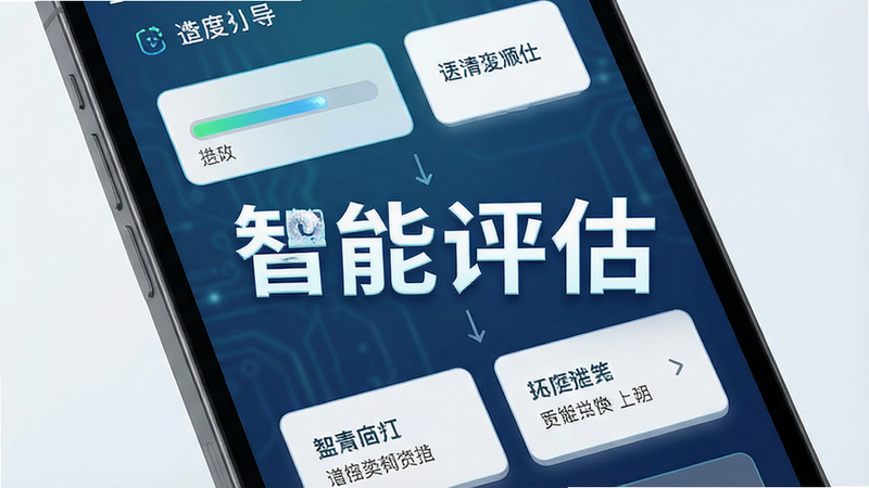 主体为手机界面展示评估流程,布局分步引导,排版清晰,风格科技感与医疗专业感结合,细节显示进度条与选项卡片,画质细腻,干净,无杂乱背景,文字“智能评估”醒目
