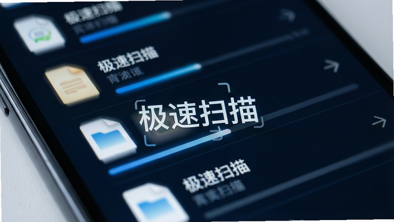 主体为手机屏幕特写,展示文件列表快速滚动加载的动态模糊效果,布局聚焦于列表区域,排版紧凑,风格科技感强,细节展示加载进度条与文件缩略图,画质清晰,干净,无多余元素,文字“极速扫描”