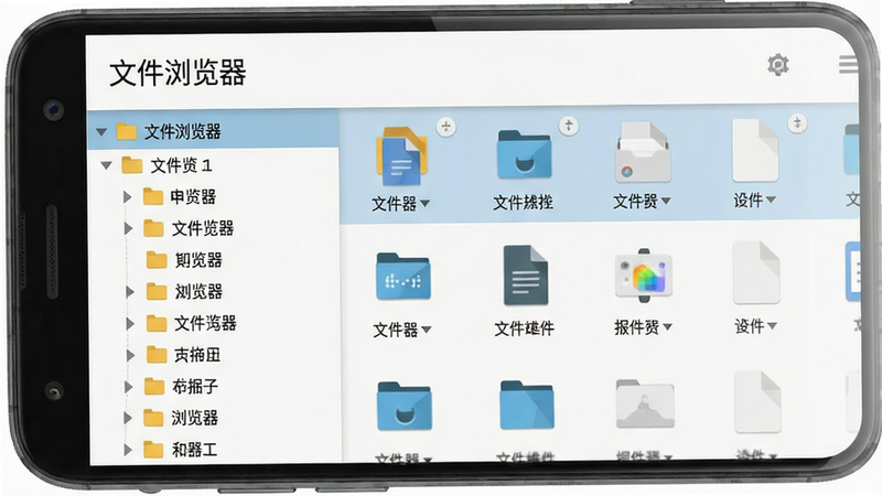 主体为安卓手机屏幕界面,显示名为“文件浏览器”的应用主界面,布局清晰分为左右两栏,左侧为目录树状结构,右侧为文件列表,排版整洁有序,风格为现代极简扁平化,细节展现文件图标清晰锐利,画质高清,干净,无多余元素,文字“文件浏览器”清晰可见