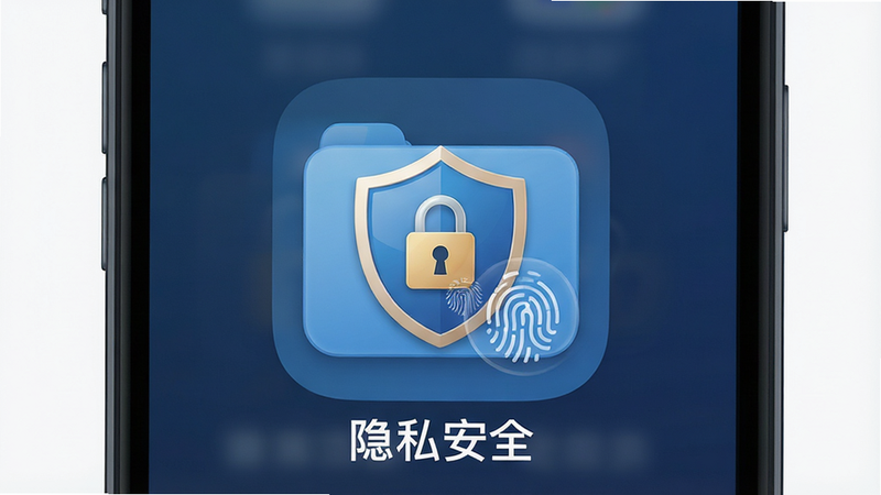 主体为手机界面中的加密文件夹图标,带有盾牌与锁的视觉元素,布局居中突出,排版简洁,风格安全稳重,细节展示指纹识别动画,画质高清,干净,无多余元素,文字“隐私安全”