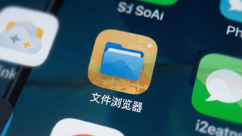主体为手机桌面与应用列表界面,显示“文件浏览器”APP图标,布局居中突出,排版整洁,风格现代简约,细节展示图标设计与名称标签,画质高清,干净,无多余元素,文字“文件浏览器”