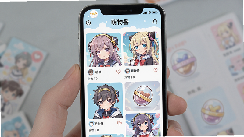 主体为手机屏幕界面,显示“萌物番”APP首页,布局为瀑布流图片展示,排版整齐,风格为清新二次元插画风,细节包含多个动漫角色头像和扭蛋图标,画质高清,干净,无多余元素