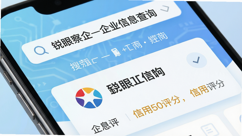 主体为智能手机屏幕特写,显示“锐眼察企-企业信息查询”APP界面,布局清晰,顶部为搜索栏,中部为企业详情卡片,包含Logo、名称、信用评分,背景为浅蓝色科技感渐变,风格简约现代,细节丰富,画质高清,干净,无多余元素,文字“锐眼察企-企业信息查询”清晰可见