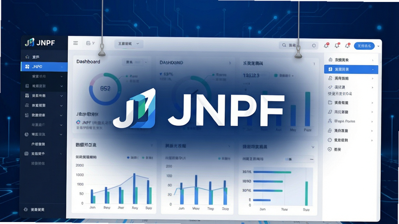һ��չʾ JNPF ��������ĸ�������ͼ������Ϊ����ɫ�Ƽ���񱳾������������� JNPF �� Logo ��Ӧ�������棬��������Ǳ��̡�����ͼ���Ͳ˵��б����������������Ű�����������ִ���Լ��ϸ�ڷḻ�����ʸ��壬�ɾ����޶���Ԫ�أ����ְ���