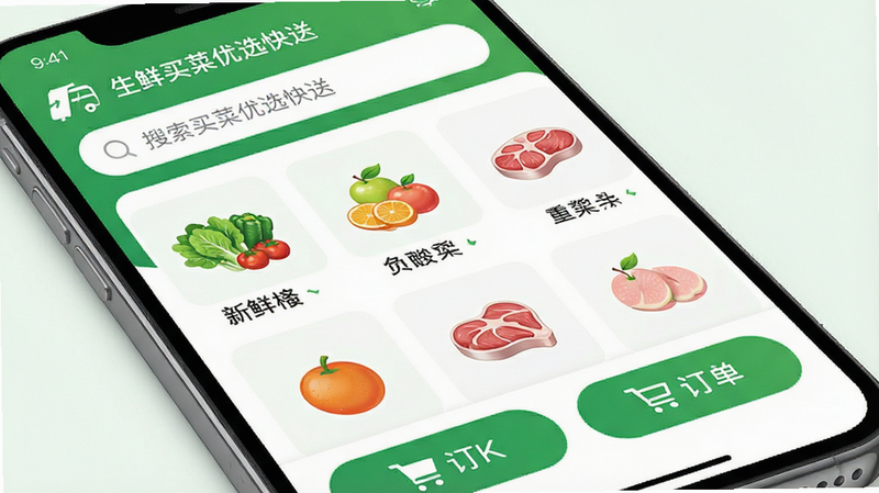 һ�Ÿ����ֻ�Ӧ�ý����ͼ�������ǡ����������ѡ���͡�APP��ҳ���������������������������м�չʾ�����߲ˡ�ˮ��������ķ���ͼ�꣬�ײ��ǹ��ﳵ�Ͷ�����ť�����������ɫ����ϸ�ھ��£�����4K���ɾ��޶���Ԫ��