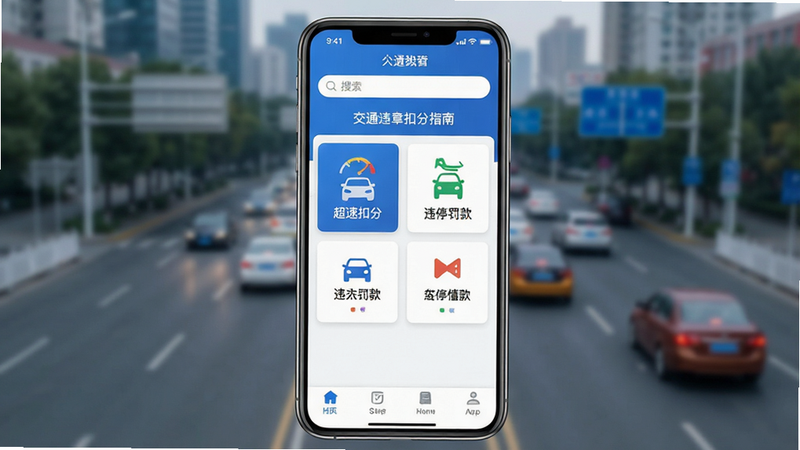 一张高清的手机应用界面展示图,主体为“交通违章扣分指南”App首页,界面设计简洁现代,采用蓝白色调,顶部显示搜索栏,中间区域展示“超速扣分”、“违停罚款”等核心功能卡片,底部导航栏清晰可见,背景为模糊的城市道路场景,风格扁平化,细节精致,画质4k,无多余元素,文字清晰可读