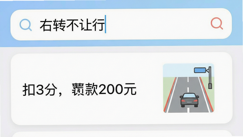 手机应用界面截图风格,展示搜索框中输入“右转不让行”的场景,下方弹出结果卡片,清晰显示“扣3分,罚款200元”,旁边配有简单的交通示意图,界面清爽,配色柔和,字体易读,布局合理,强调交互的便捷性,画质细腻,无水印,无多余UI元素