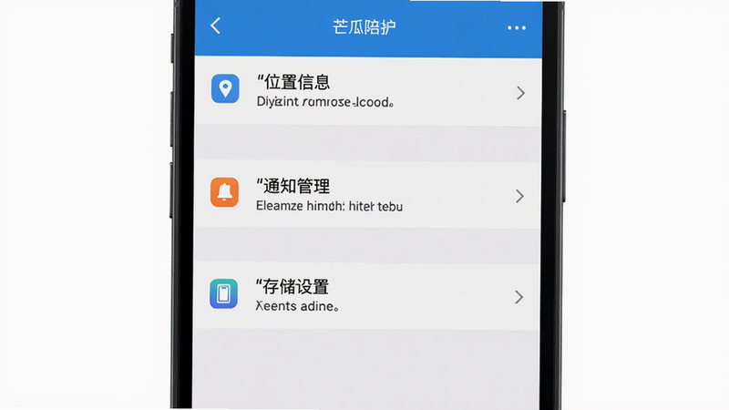 主体为手机设置界面截图,布局为列表式,排版整齐,风格为系统原生设置风格,细节包含“位置信息”、“通知管理”、“存储设置”选项,文字包含“权限设置”和“芒瓜陪护”,画质清晰,干净,无多余元素