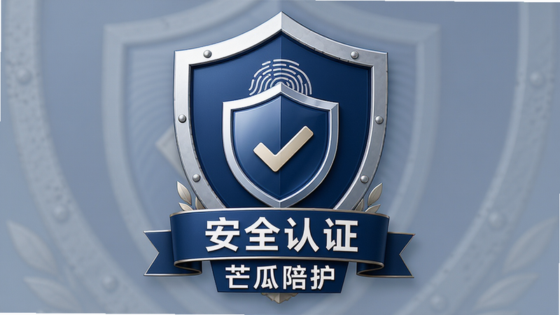 主体为安全盾牌图标与服务者认证徽章组合,布局为中心对称式,排版稳重,风格为深蓝色商务风,细节包含指纹识别图案、盾牌保护罩、认证对勾标志,文字包含“安全认证”和“芒瓜陪护”,画质高保真,干净,无多余元素