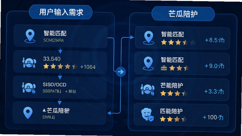 主体为服务匹配流程图示,布局为左右对比结构,左侧显示用户输入需求,右侧显示匹配结果列表,排版清晰有序,风格为科技感蓝色调,细节包含定位图标、评分星级、距离显示等元素,文字包含“智能匹配”和“芒瓜陪护”,画质清晰,干净,无多余元素